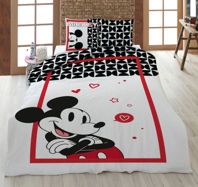 Bettwäsche Mickey in Love weiß rot 135 x 200 cm, 80 x 80 cm
