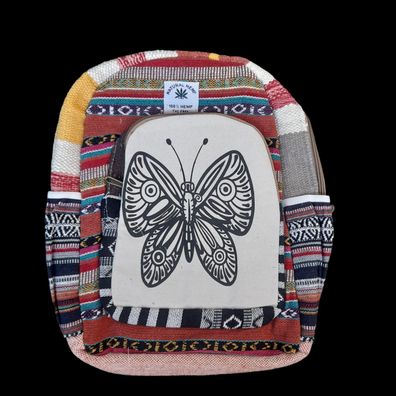 Handgefertigter Nutzhanf Rucksack aus Indien, Motiv "Schmetterling" UNISEX