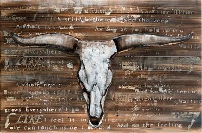 Handgefertigtes Holz-Metallbild Buffalo Skull ca 115x75 cm