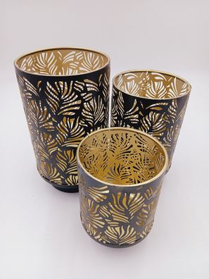 3er Set Kerzenständer Teelichthalter 3 Stück Windlicht Metall Motiv Blätter