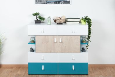 Jugendzimmer - Kommode Aalst 22, Farbe: Eiche / Weiß / Blau - Abmessungen: 90 x