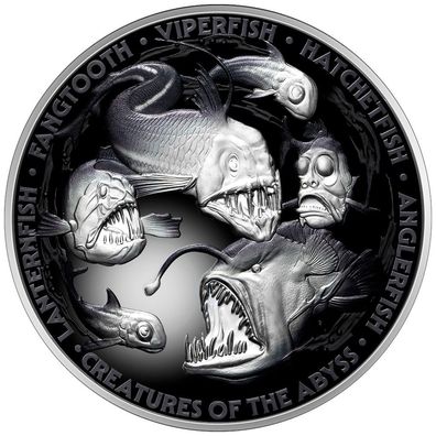Silbermünze Niue 5 oz Creatures of the Abyss 2024 Proof Farbe in Holzetui