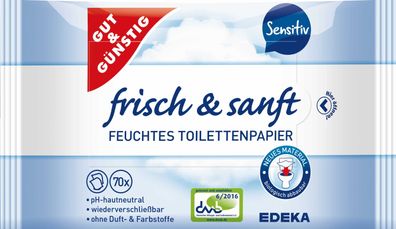 Gut & Günstig 4192668000 Feuchtes Toilettenpapier sensitiv - 2x 70 Stück