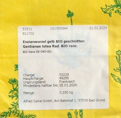 BIO Enzianwurzel, gelb, geschnitten, aus Frankreich, 100 g