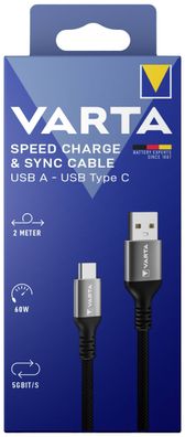 Varta 57935 101 111 Speed Charge & Sync Kabel USB A auf USB C , 2 m, schwarz