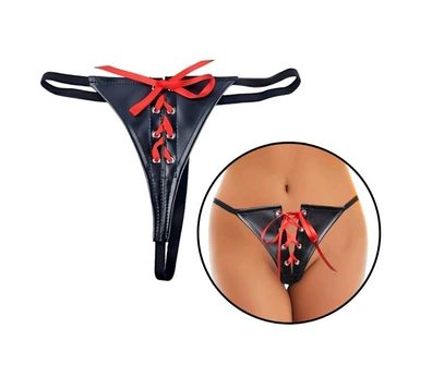 Damen G-String Unterhose Lederoptik Slip Schwarz mit Rote Schlaufe