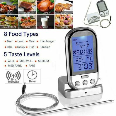 Digitales Bratenthermometer Funk Grillthermometer Fleisch-Thermometer Wireless