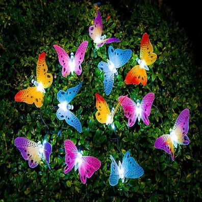 12 LED Solar Lichterkette Schmetterling Garten Party Außen Beleuchtung Lampe