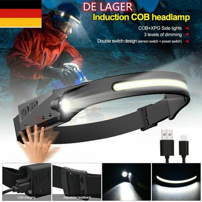 Sensor Stirnlampe Scheinwerfer Kopflampe LED COB USB Wiederaufladbar Wasserdicht