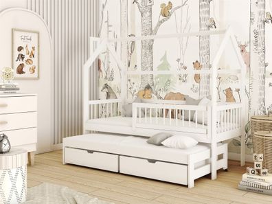 Hausbett Kinderbett PERLE 200x90cm Kiefer Massiv Weiß inkl. Zusatzbett