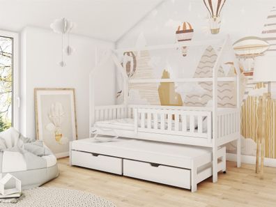 Hausbett Kinderbett MARCY 200x90cm Kiefer Massiv Weiß inkl. Zusatzbett