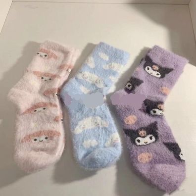 3 Paar Mädchen Kuromi My Melody Cinnamoroll Socken Weiche warme Wintersocken