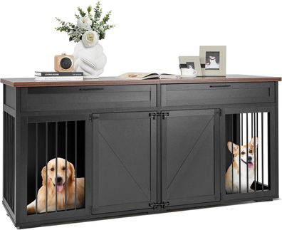 3 in 1 Hundekäfig Tierkäfig, Hundebox im Möbelstil, Hundehütte mit 2 Türen &Trennwand