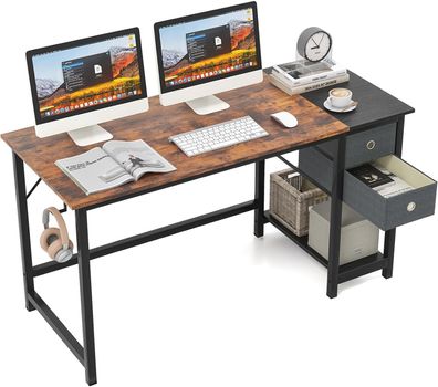 Schreibtisch mit 2 Schubladen, 140 cm Langer Computertisch mit Kopfhörerhaken