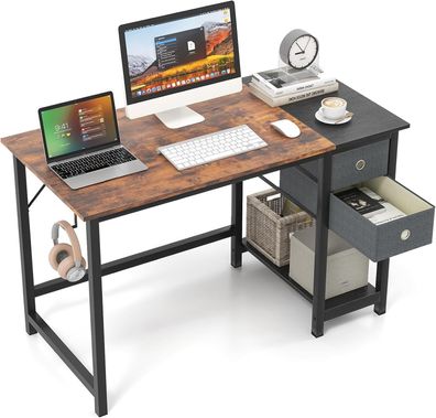 Schreibtisch mit 2 Schubladen, 120 cm Langer Computertisch mit Kopfhörerhaken