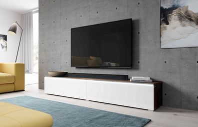 Furnix TV-Kommode Lowboard BARGO 200 cm (2x100cm) ohne LED Old Wood-Weiß glänzend