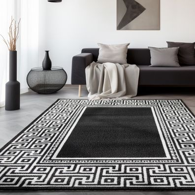 Kurzflor Teppich Wohnzimmer-Teppich Griechiches Muster Bordüre Schwarz Meliert