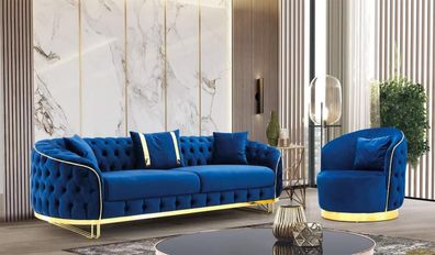 Designer Blau Farbe Wohnzimmer Set aus 3-Sitzer Sofa und Sessel 2tlg.