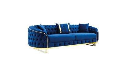 Blaues Chesterfield Sofa Designer Wohnzimmer Dreisitzer Edelstahl Möbel