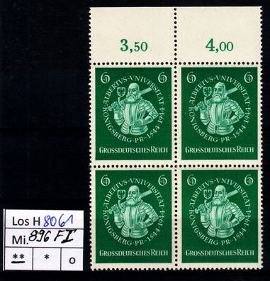 Los H8061: Deutsches Reich Mi. 896 I * * Viererblock