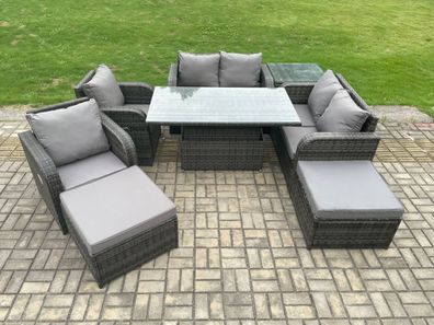 Fimous 8 Sitzer Rattan Möbel Garten Dining Set im Freien mit Beistelltisch 2 Fußhocke