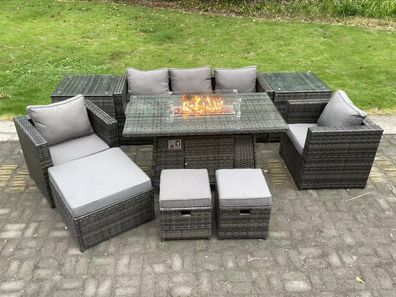 Fimous Wicker Polyrattan Gartenmöbel Set Gas Feuerstelle Esstisch Gasheizung Brenner