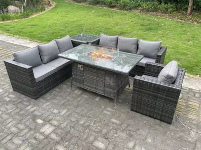 Fimous 7 Sitzer Rattan Gartenmöbel Sofa Set Outdoor Patio Gas Feuerstelle Esstisch