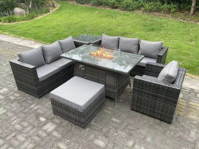 Fimous Rattan Gartenmöbel Sofa Set Outdoor Patio Gas Feuer Grube Esstisch