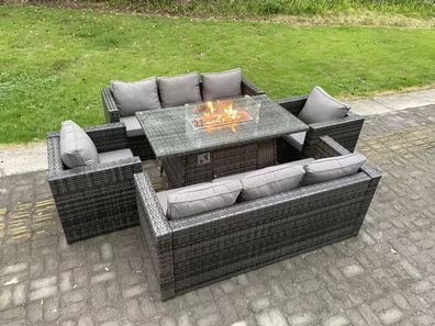 Fimous 8 Sitzer Rattan Gartenmöbel Sofa Set Outdoor Patio Gas Feuer Grube Esstisch