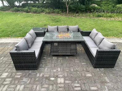 Fimous 9 Sitzer Rattan Gartenmöbel Sofa Set Outdoor Patio Gas Feuer Grube Esstisch