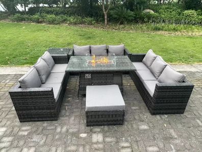 Fimous 10 Sitzer Rattan Gartenmöbel Sofa Set Outdoor Patio Gas Feuerstelle Esstisch