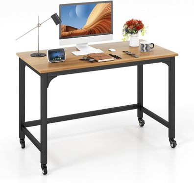 Schreibtisch mit Rollen, Computertisch mit Metallrahmen, Arbeitstisch mit 4 Rädern