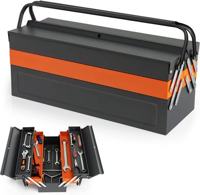 Werkzeugkasten mit 5 Fächern, Werkzeugkoffer klappbar aus Metall mit praktischem Grif