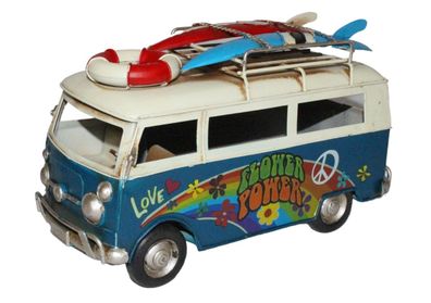 Blechauto Deko Nostalgie Modellauto Oldtimer Surfer Hippie Bulli in blau L 26 cm