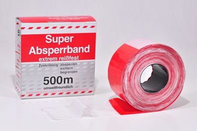 Absperrband 500 m rot weiß Flatterband Warnband, reißfest Rolle im Spenderkarton