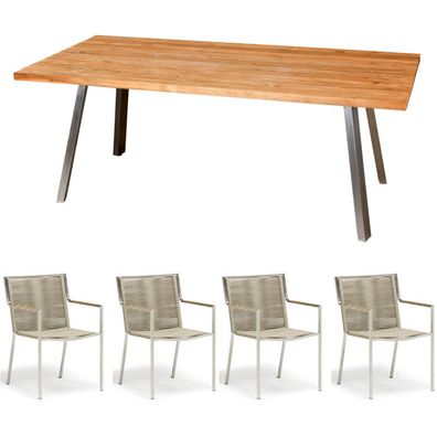 Inko Sitzgruppe Varuna Edelstahl/ Kordel/ Teak 160x90 cm Tisch mit Stapelsesseln