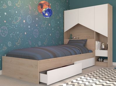 Stauraumbett Einzelbett mit Schrank in weiß Eiche inkl. Bettschubkasten Shelter