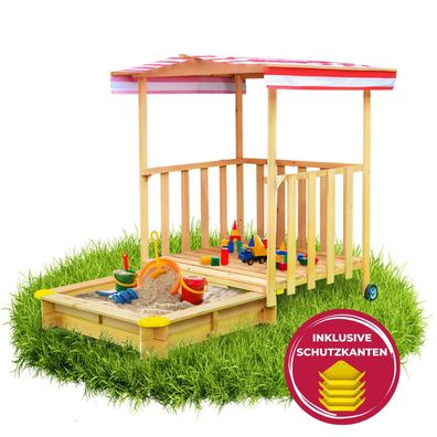 Spielhaus mit Sandkasten Sonnendach Spiel-Veranda fahrbar Sandkiste mit Geländer