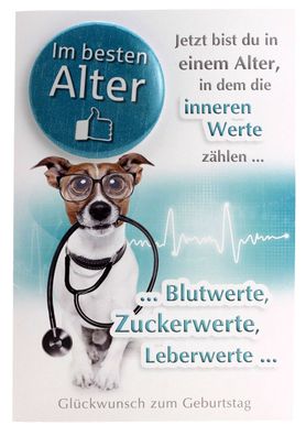 lustige Geburtstagskarte Karte Button Geburtstag Hund als Arzt Blut Leberwert Zucker