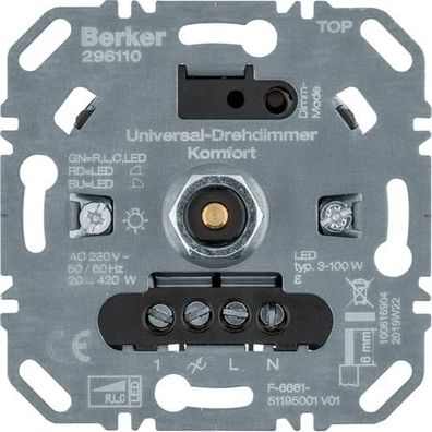 Berker 296110 Universal-Drehdimmer Komfort, R, L, C, LED, Softrastung, Licht...