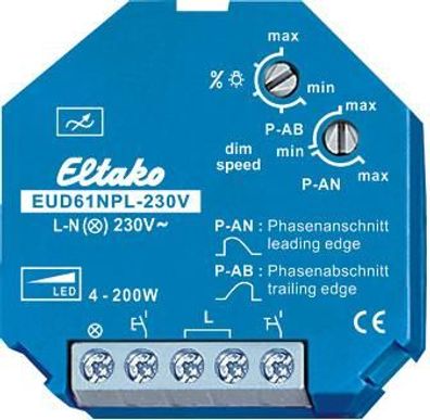 Eltako EUD61NPL-230V Universal Dimmschalter ohne N-Anschluss, für LED, Powe...