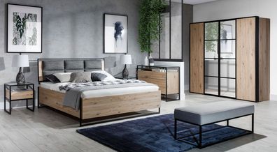 Modernes Schlafzimmer Set Bett Kleiderschrank Holz Kommode 5tlg Garnitur