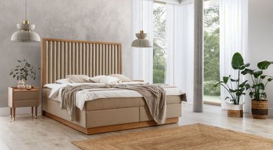 Beiges Schlafzimmer Doppelbett 2x Luxus Nachttische Edle Holz Möbel 3tlg