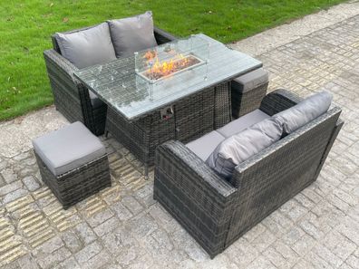 Fimous Outdoor Rattan Gartenmöbel Sofa Set Gas Feuerstelle Brenner Tisch Sets