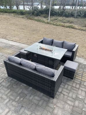 Fimous 8-Sitzer Outdoor Rattan Gartensofa Set Gartenmöbel Gas Feuerstelle Tisch Set