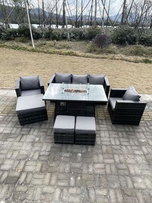Fimous Outdoor Poly Rattan Gartenmöbel Gas Feuerstelle Esstisch Set Sessel