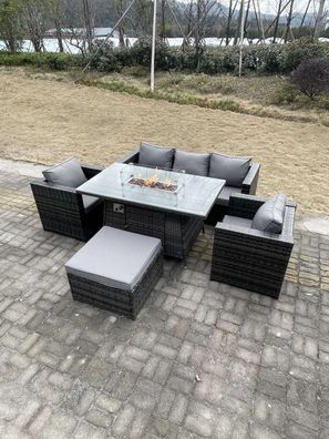 Fimous Outdoor Poly Rattan Gartenmöbel Gas Feuerstelle Esstisch Set Sessel
