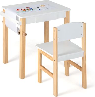 Kinderschreibtisch mit Stuhl, Kindertisch-Set mit Schublade, Papierrolle & 2 Markern