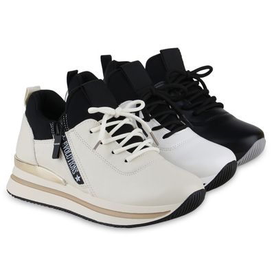 VAN HILL Damen Plateau Sneaker Zipper Schnürer Prints Profil-Sohle Schuhe 840982