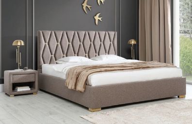 Braunes Textilbett Designer Polster Nachttische Schlafzimmer Möbel 3tlg